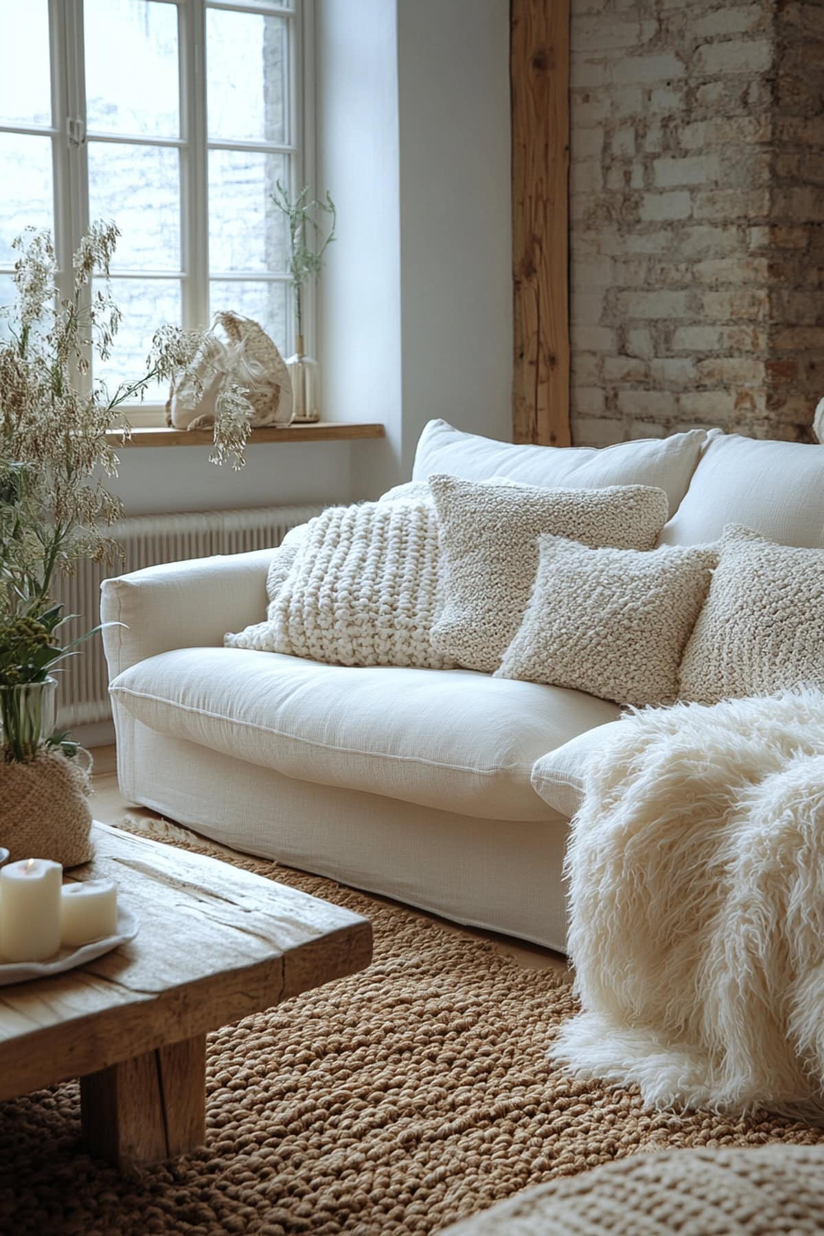 Cozy living room with white sofas and wooden coffee tables