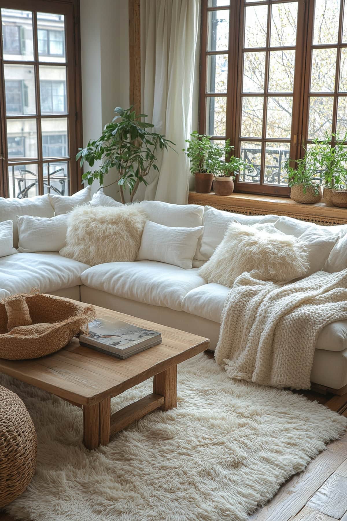 Stylish living room featuring white and wood decor with natural light