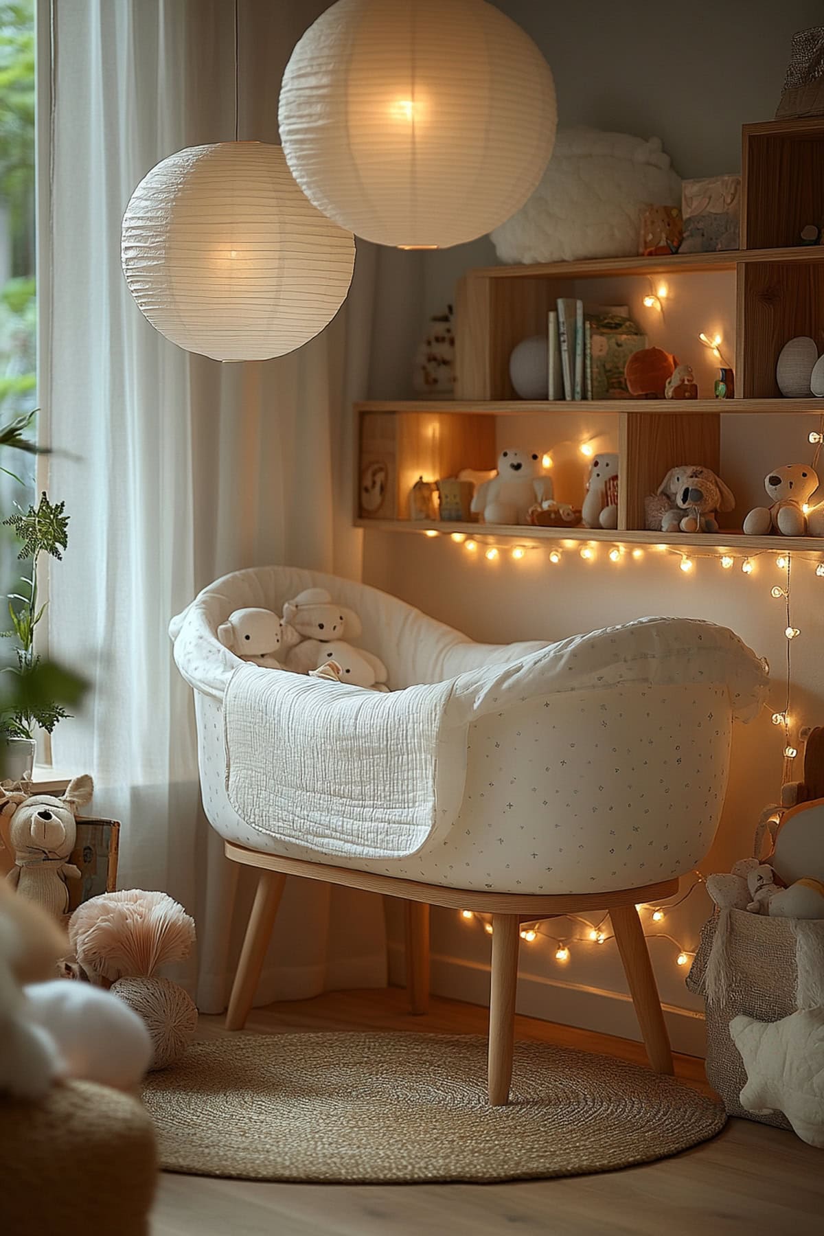 Nursery alcove with white bassinet and wooden shelves