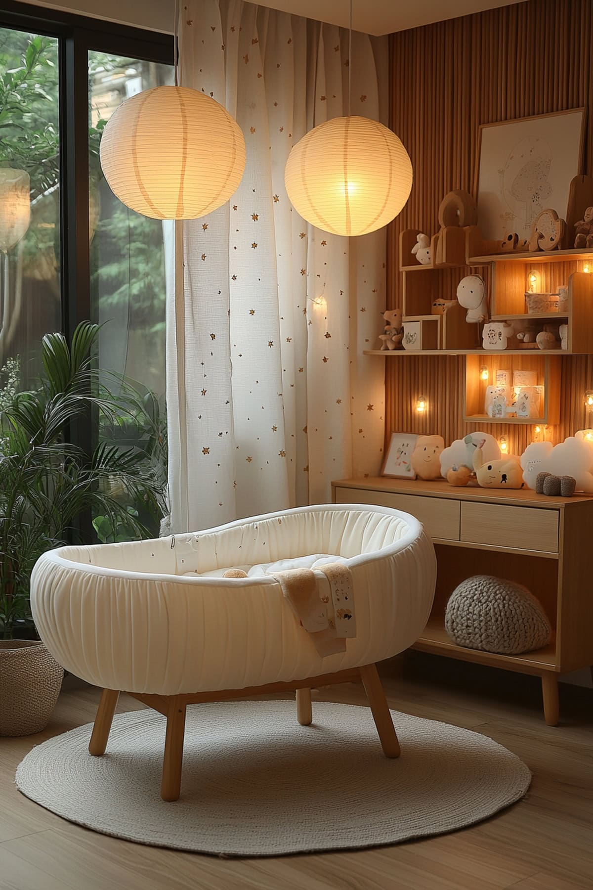 Whimsical nursery corner featuring soft lighting and wood accents