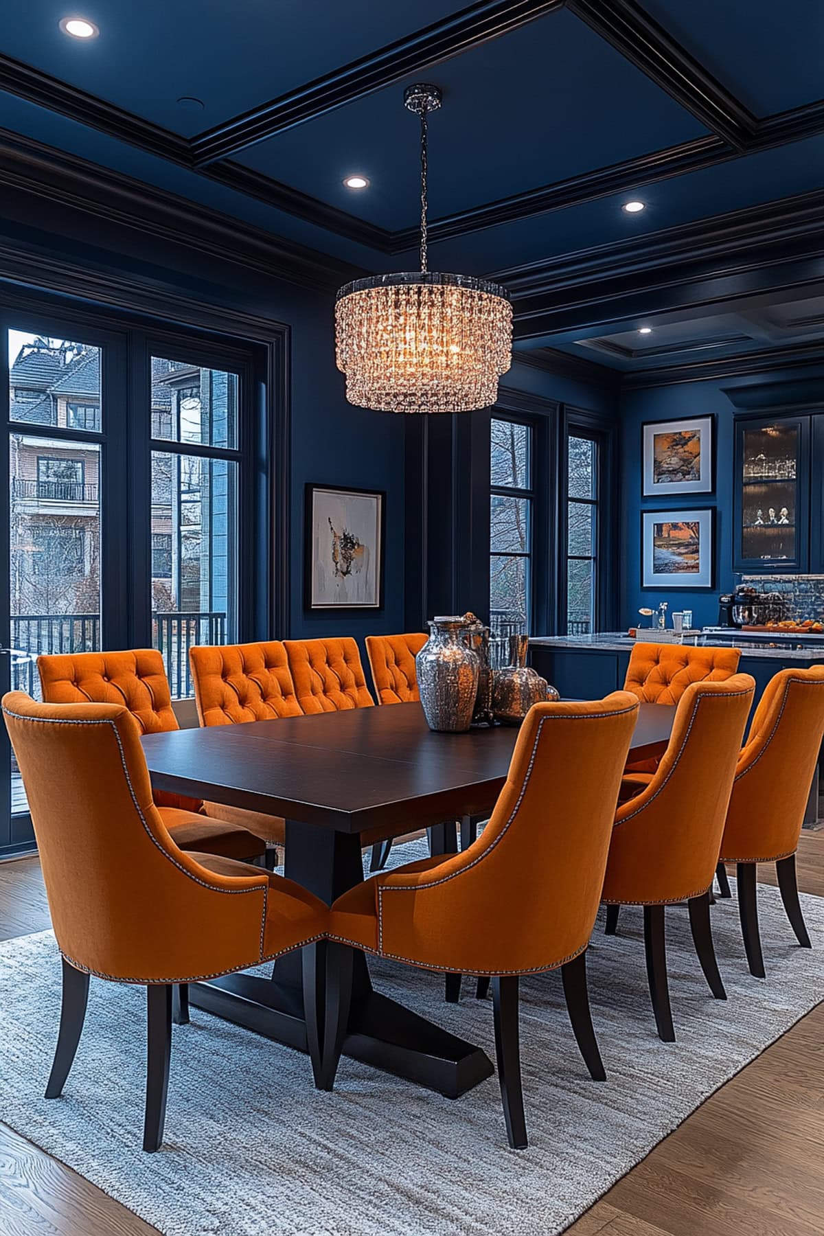 Eclectic Dark Blue Dining Room with Orange Upholstered Chairs 01