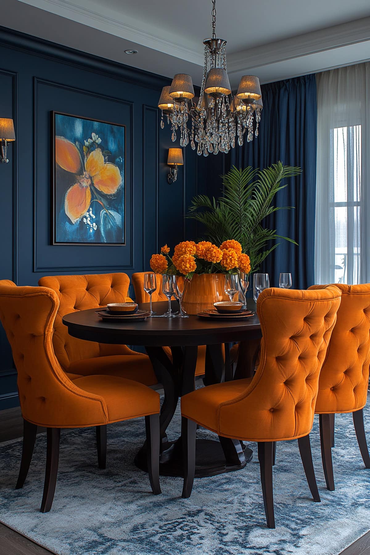 Eclectic Dark Blue Dining Room with Orange Upholstered Chairs 02