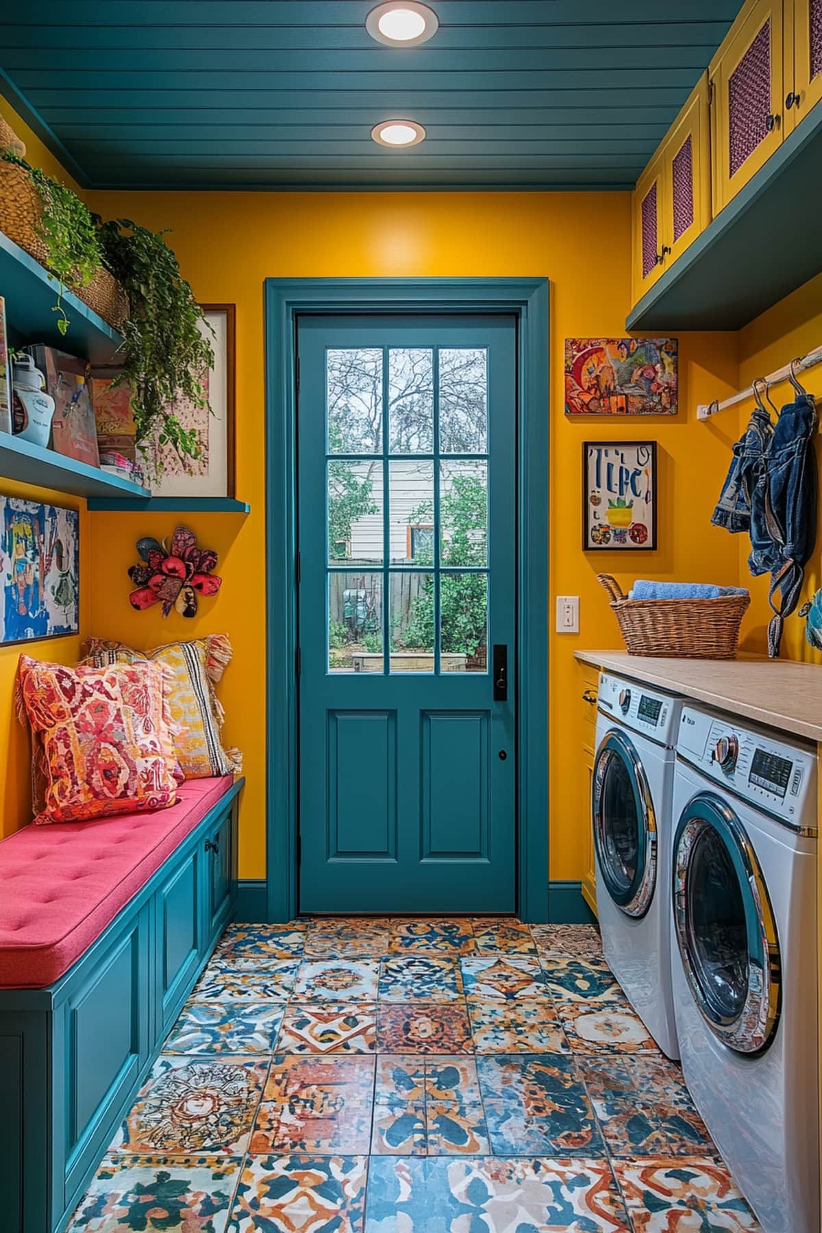 Creative mudroom laundry room featuring art displays and vibrant cabinetry.