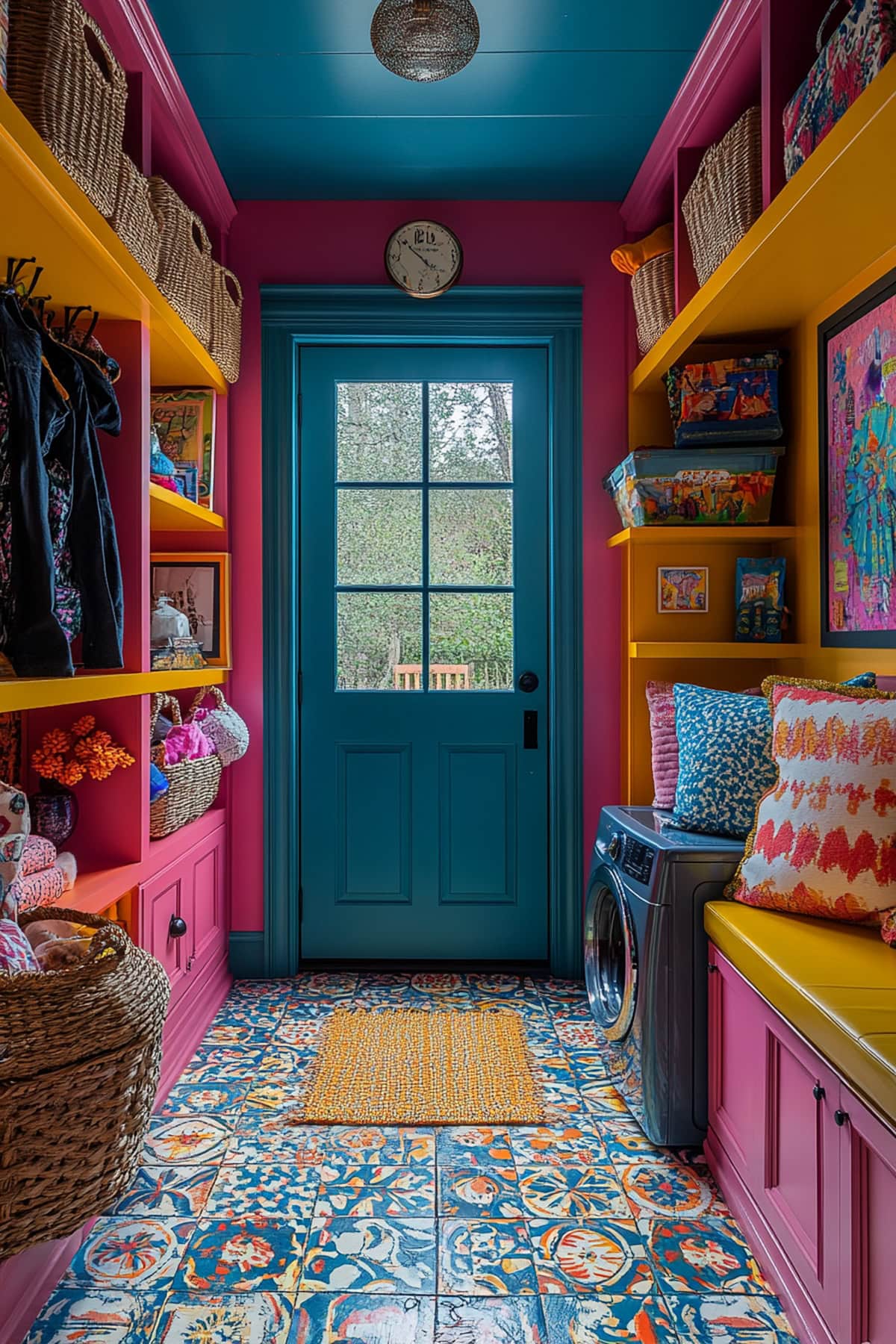 Eclectic mudroom with mixed patterns and colorful decor.