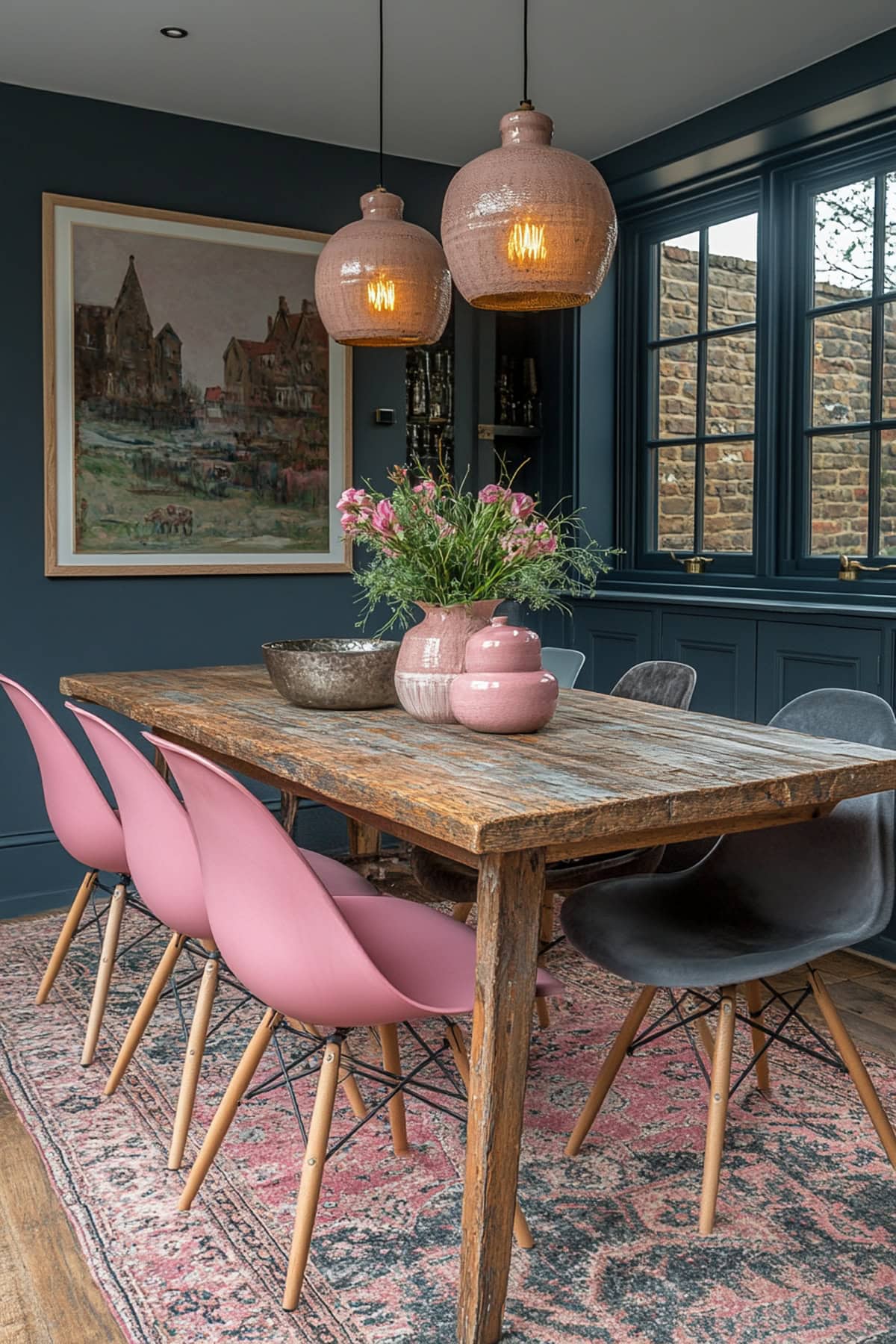 Eclectic Pink and Grey Dining Room - 01