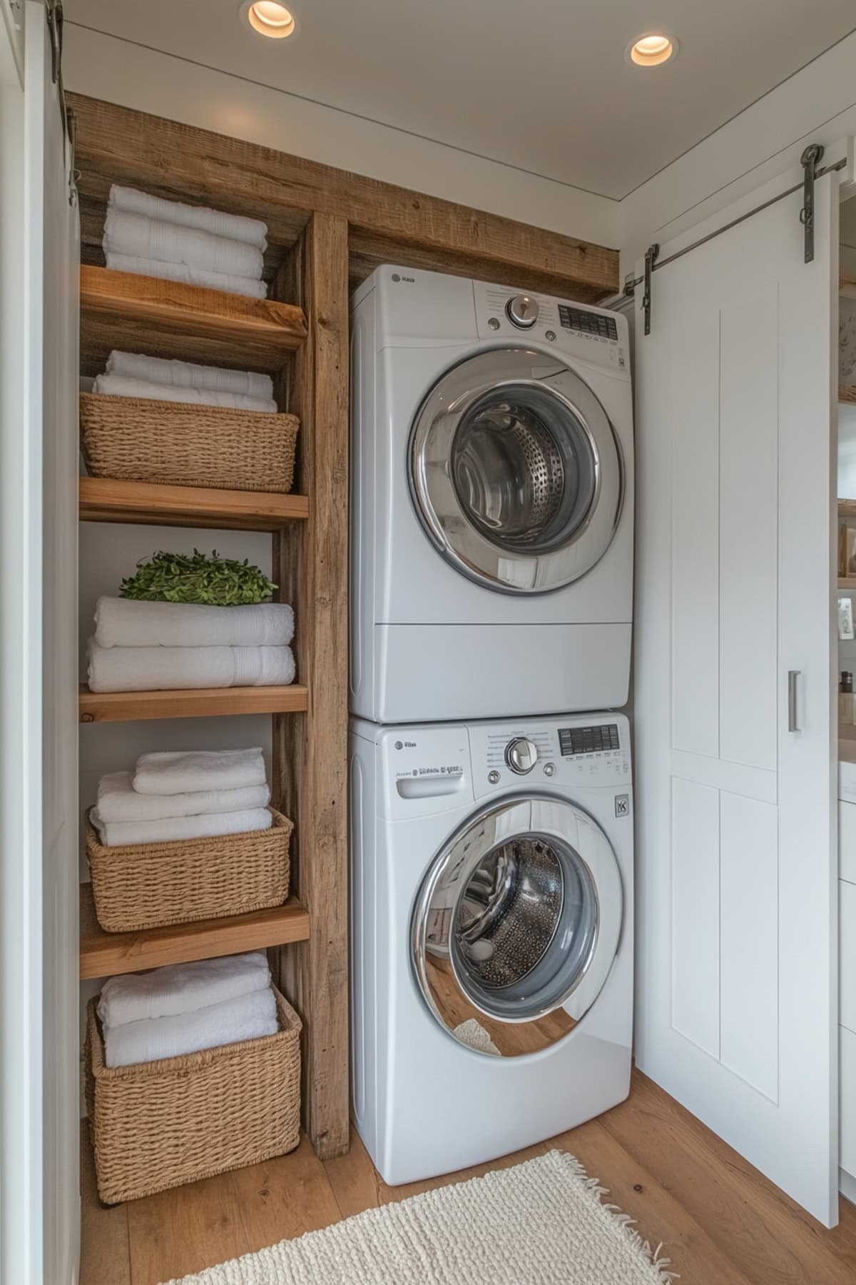 Laundry closet with stackable units and wooden shelving