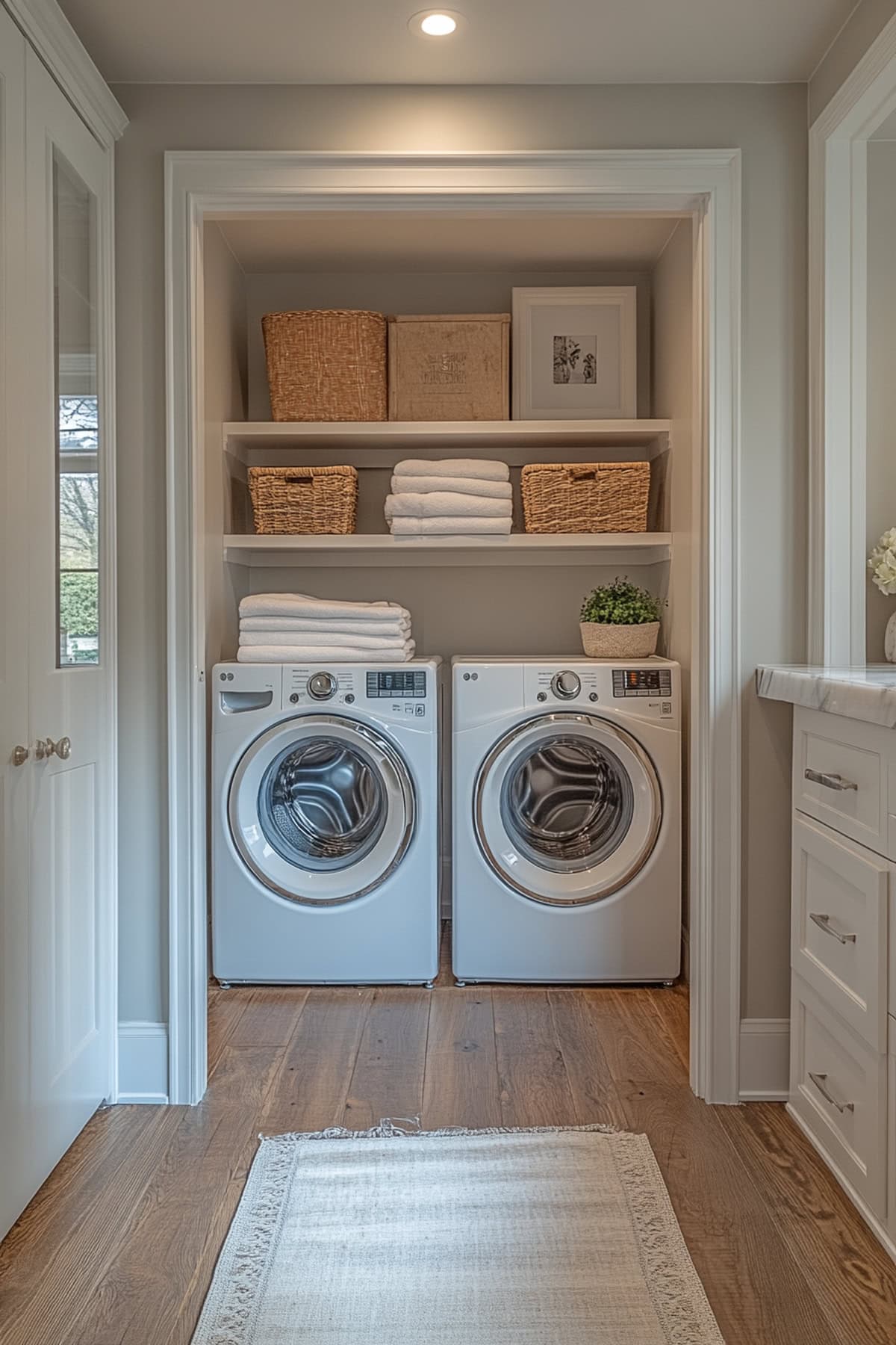 Compact laundry area featuring white appliances and wood accents