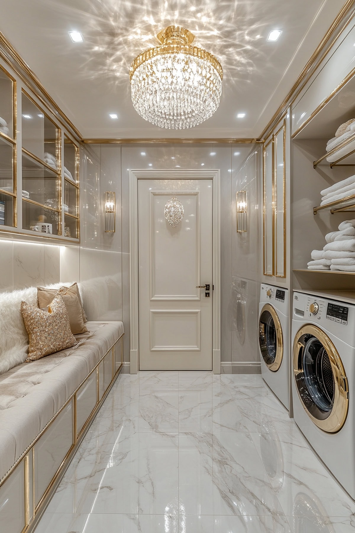 Glamorous mudroom with chandelier and marble flooring.