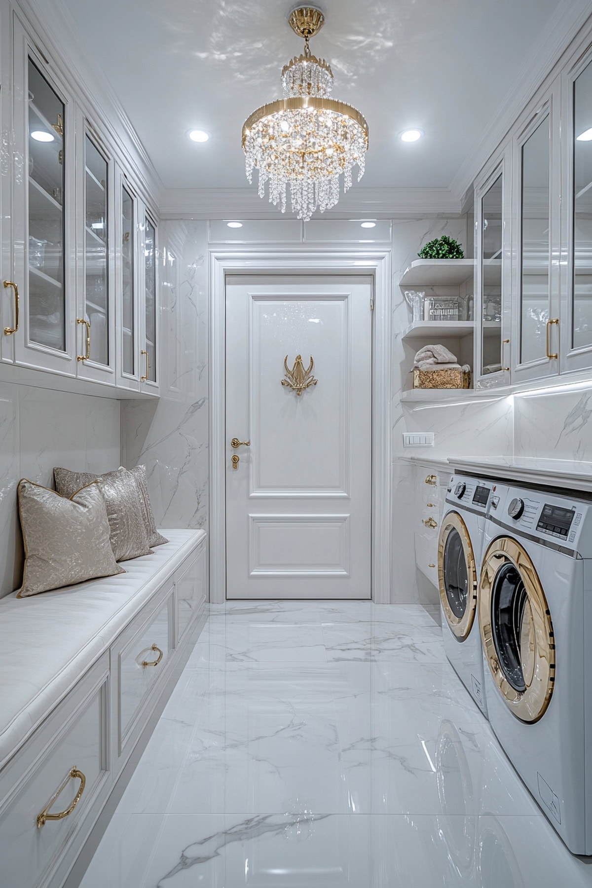 Elegant mudroom laundry room featuring mirrored surfaces and gold accents.