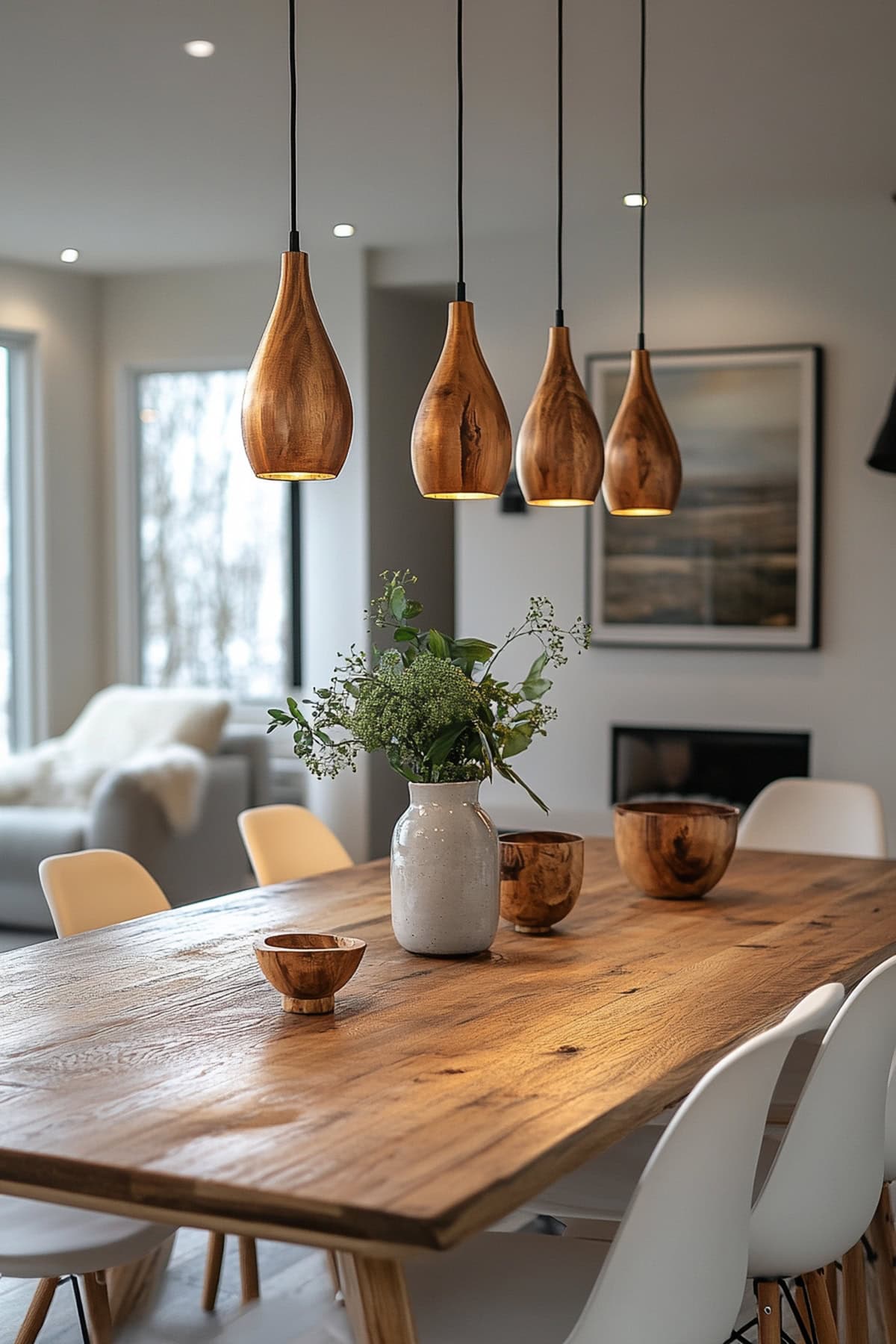 Elegant dining room with wooden table and white chairs