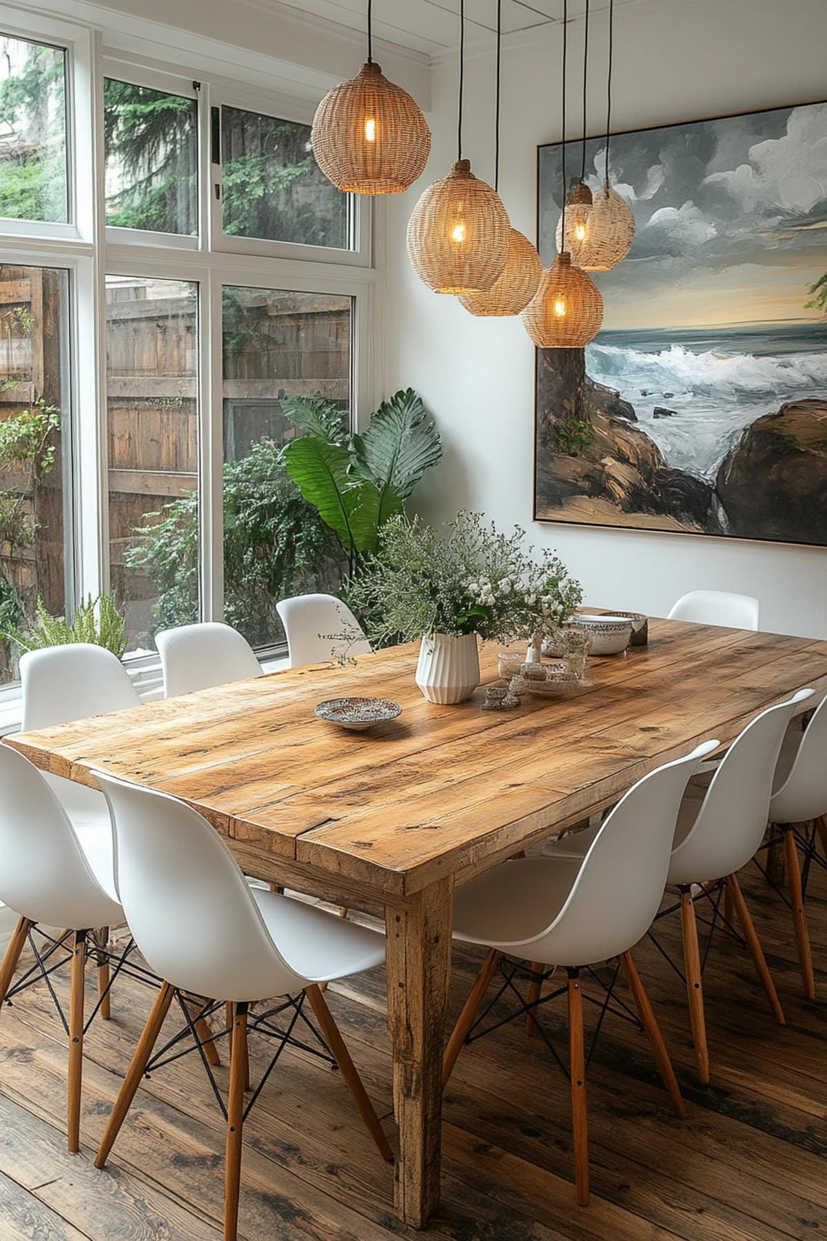 Stylish dining area featuring white walls and wood accents