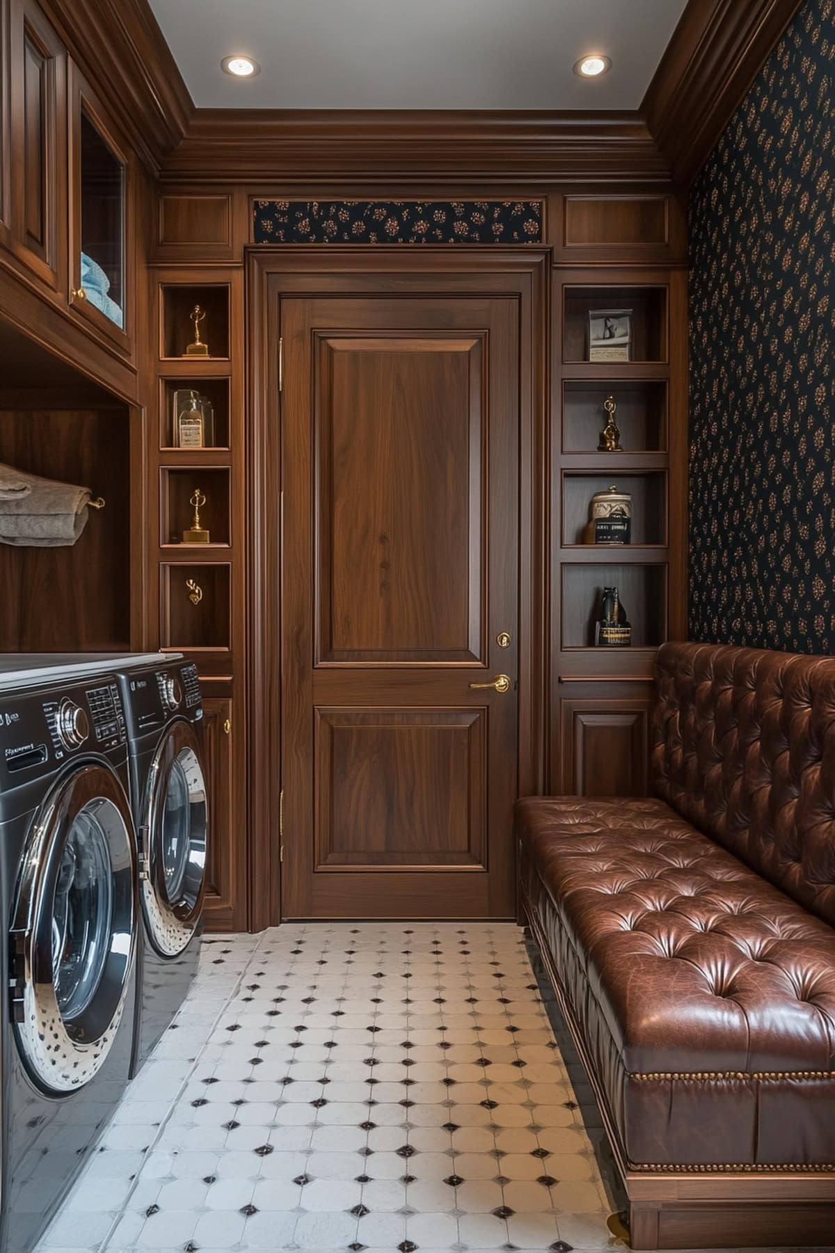 Elegant mudroom with rich wood and classic English decor.