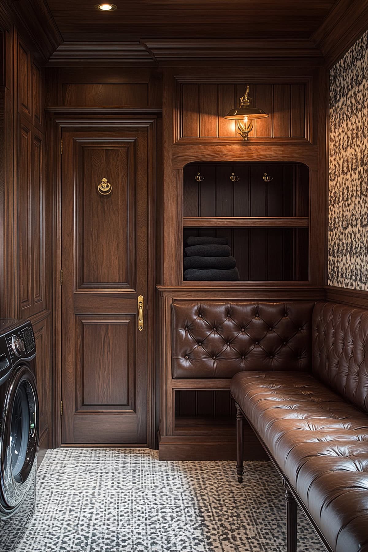 Sophisticated mudroom laundry room featuring brass fixtures and antique accents.