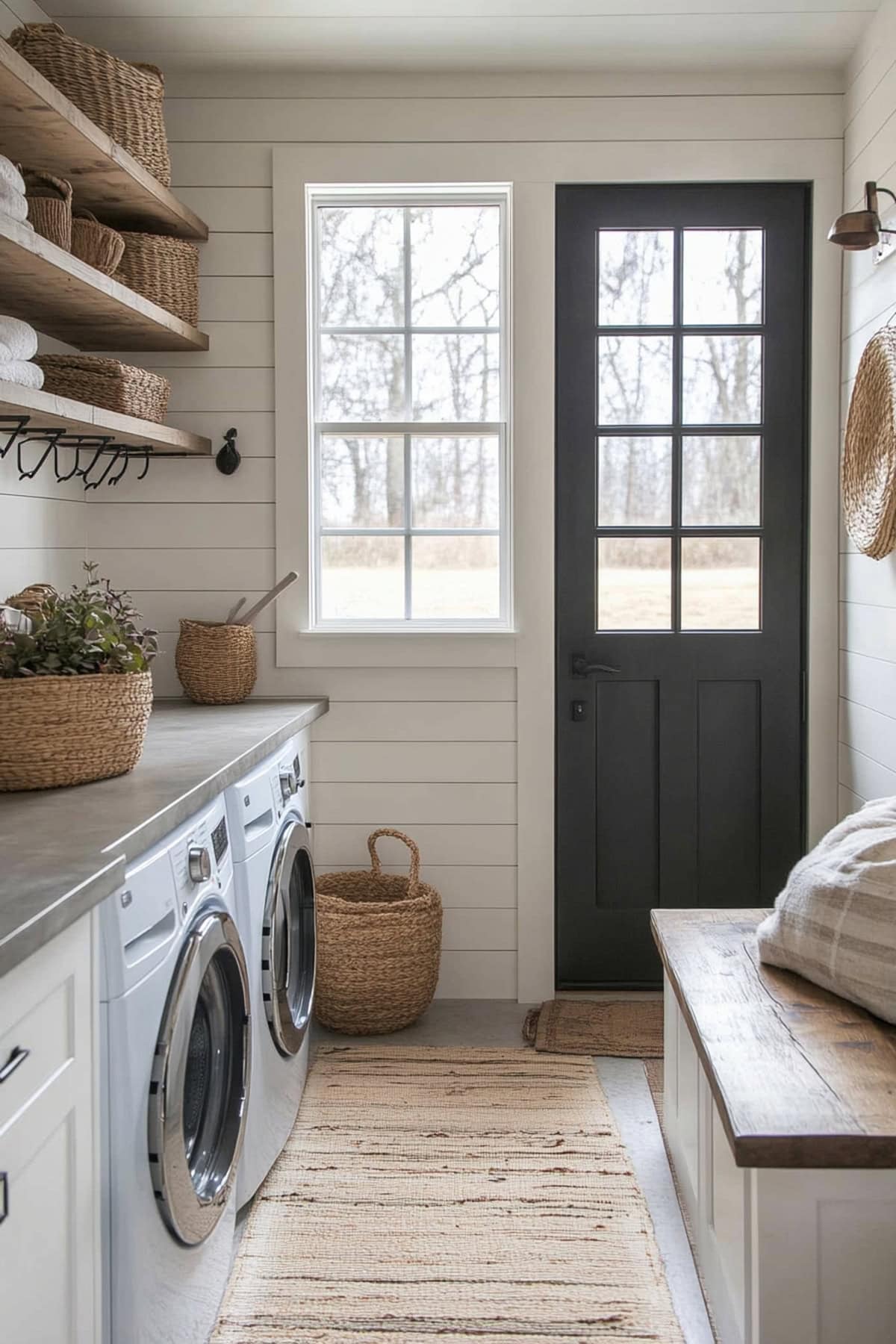 Farmhouse modern mudroom with shiplap walls and natural wood accents.