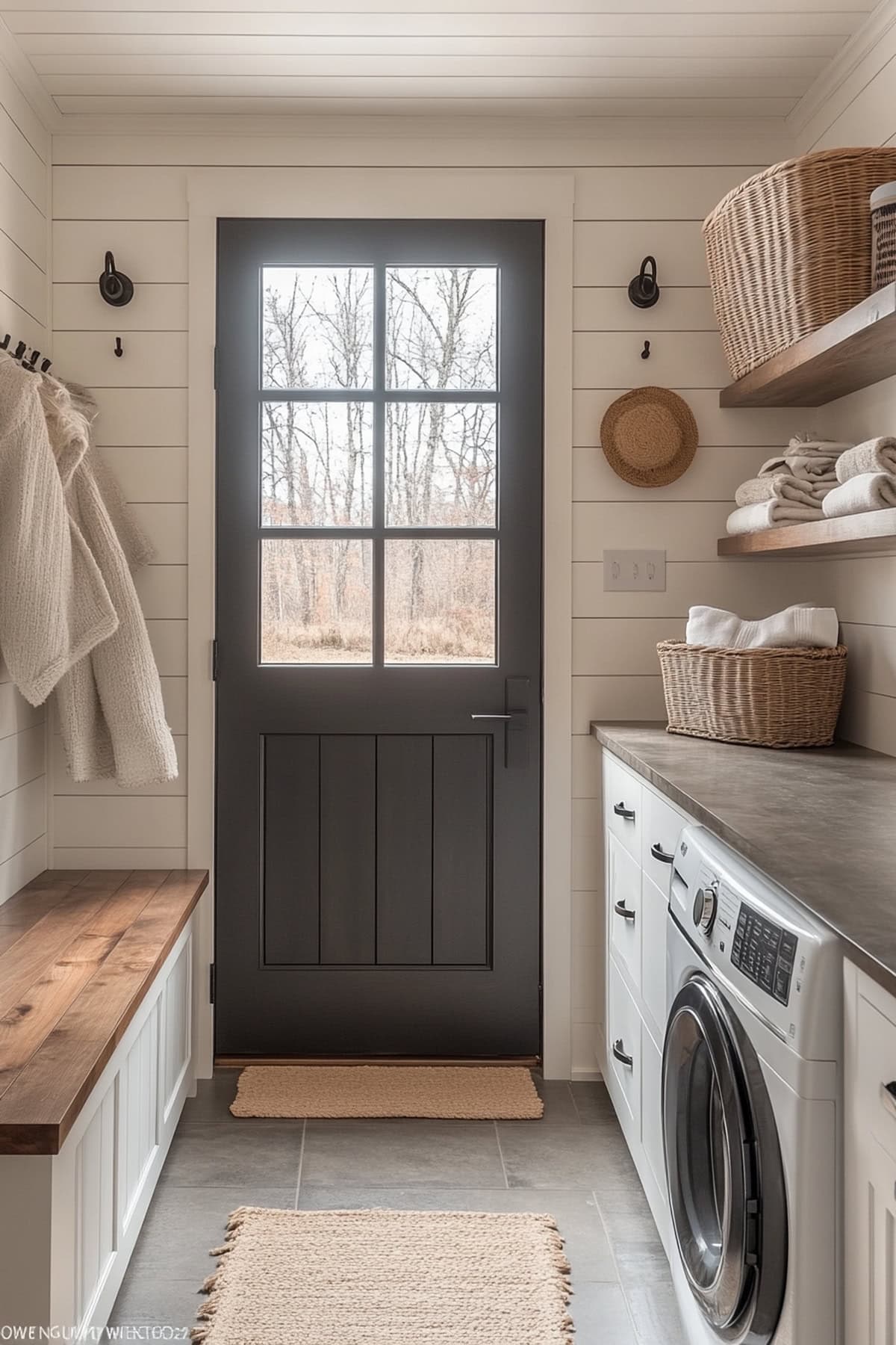 Contemporary mudroom laundry room blending rustic charm with sleek design.