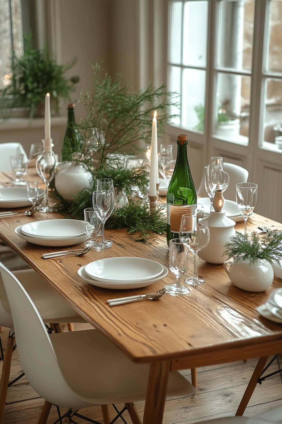 Dining room set for festivities with wooden table and white decor