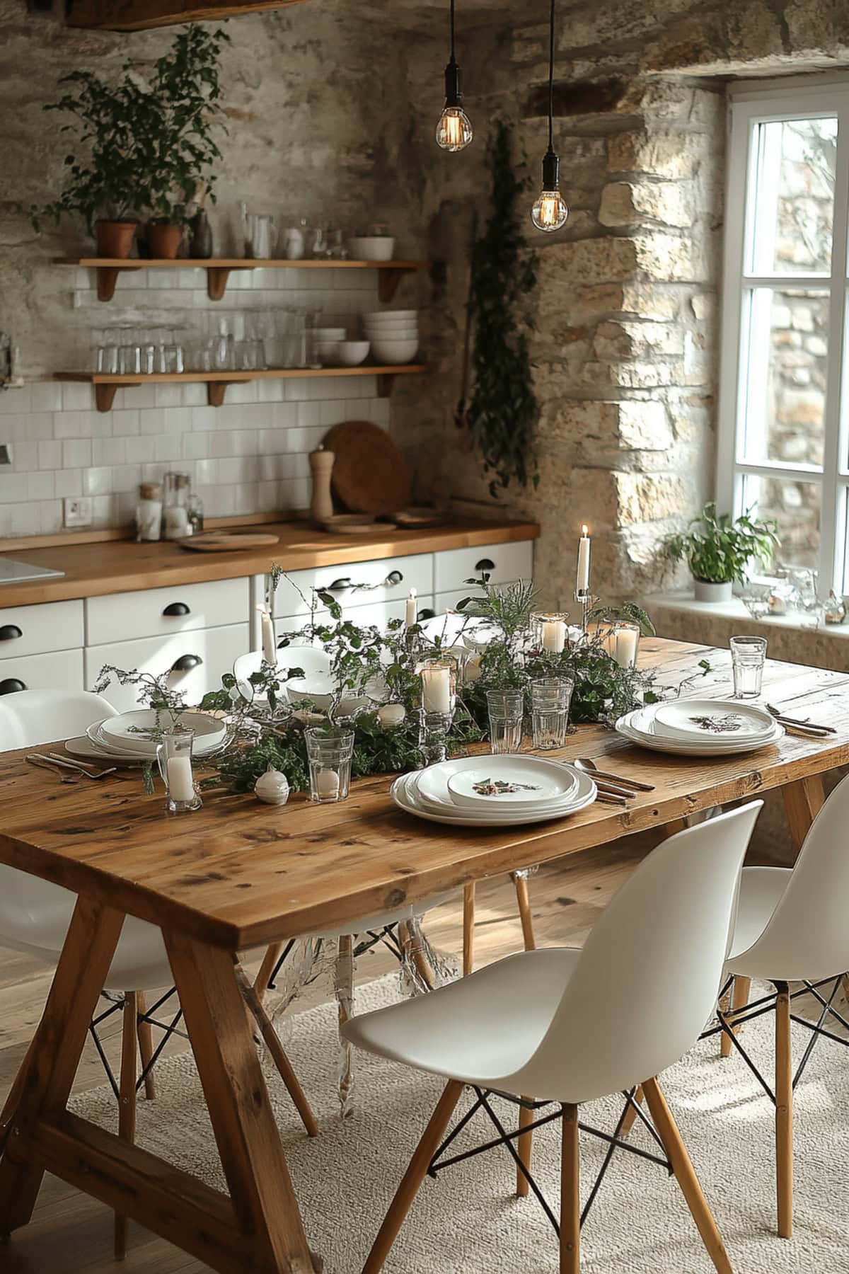 Festive dining area featuring candles, greenery, and wood accents