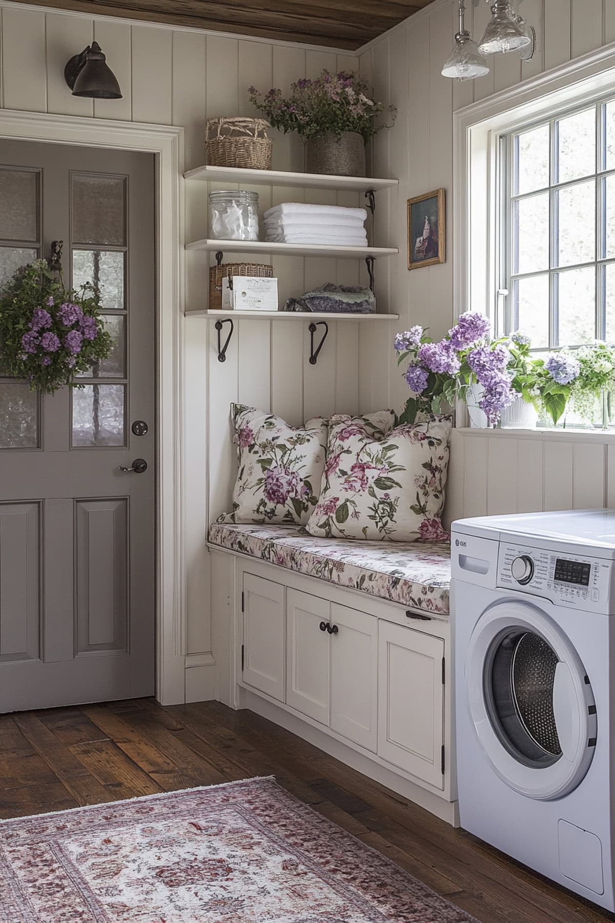 French country mudroom with distressed wood and floral accents.