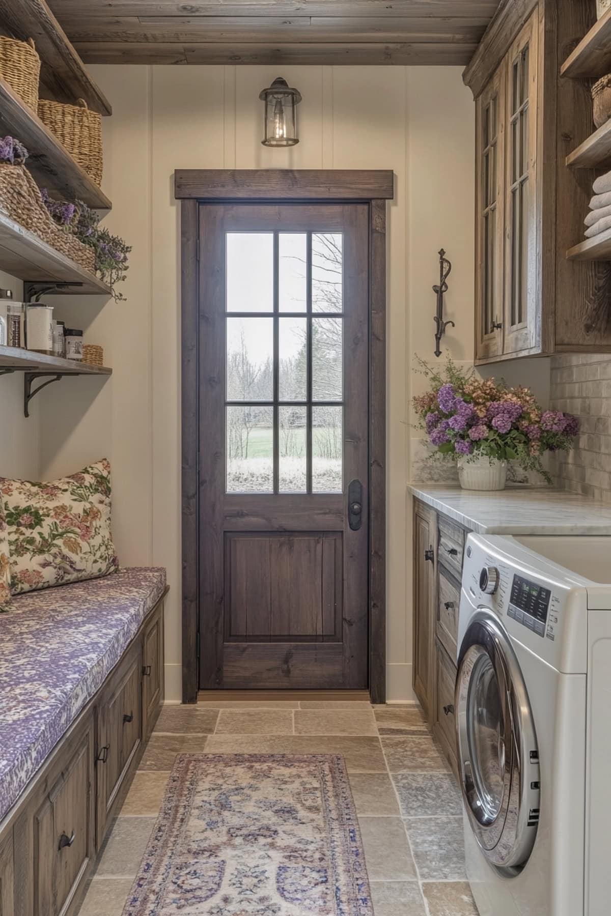 Elegant mudroom laundry room featuring soft hues and vintage fixtures.