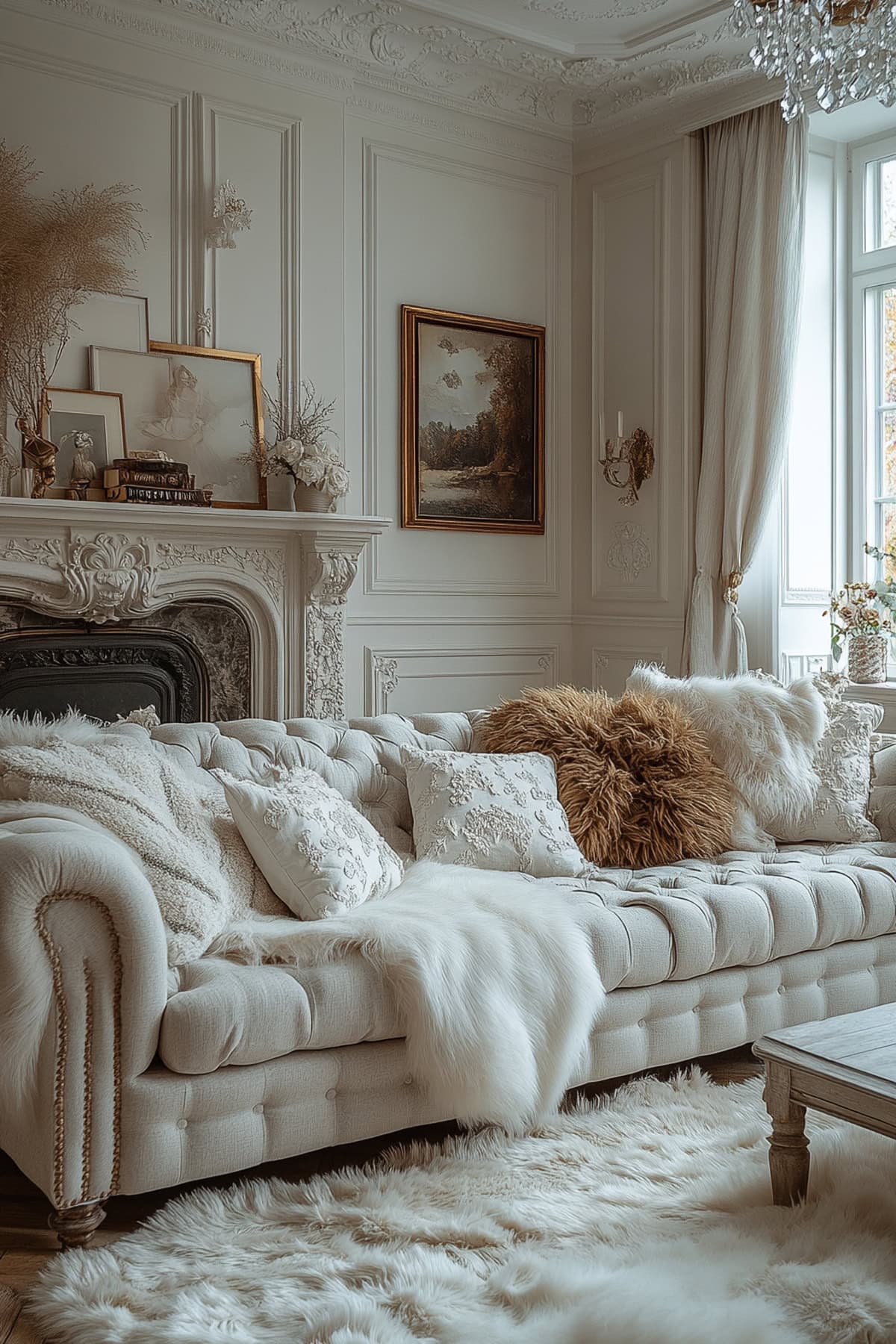 French Country White and Grey Apartment Living Room - 01