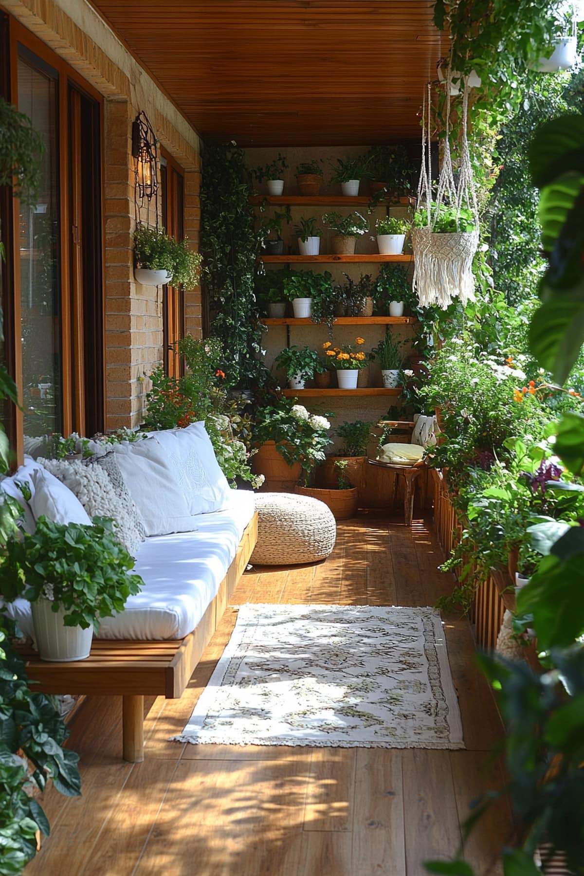 Balcony garden with white planters and wooden shelves