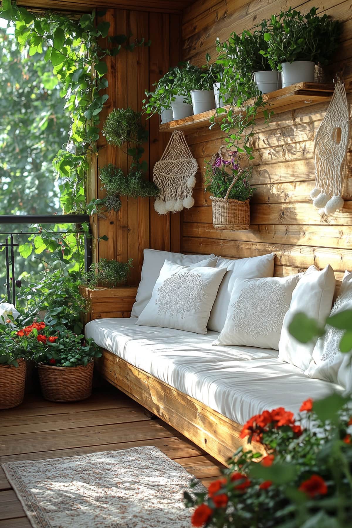 Outdoor space featuring lush plants and wood accents