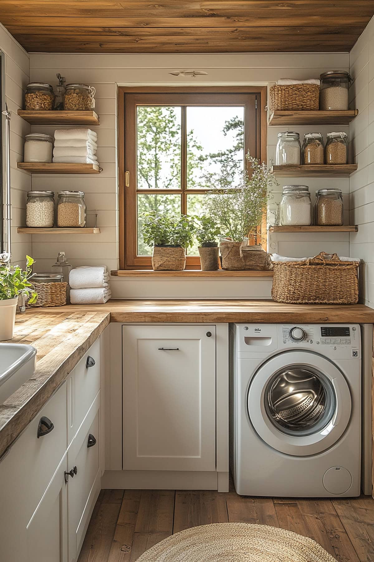 Organized laundry room with white cabinets and wooden countertops