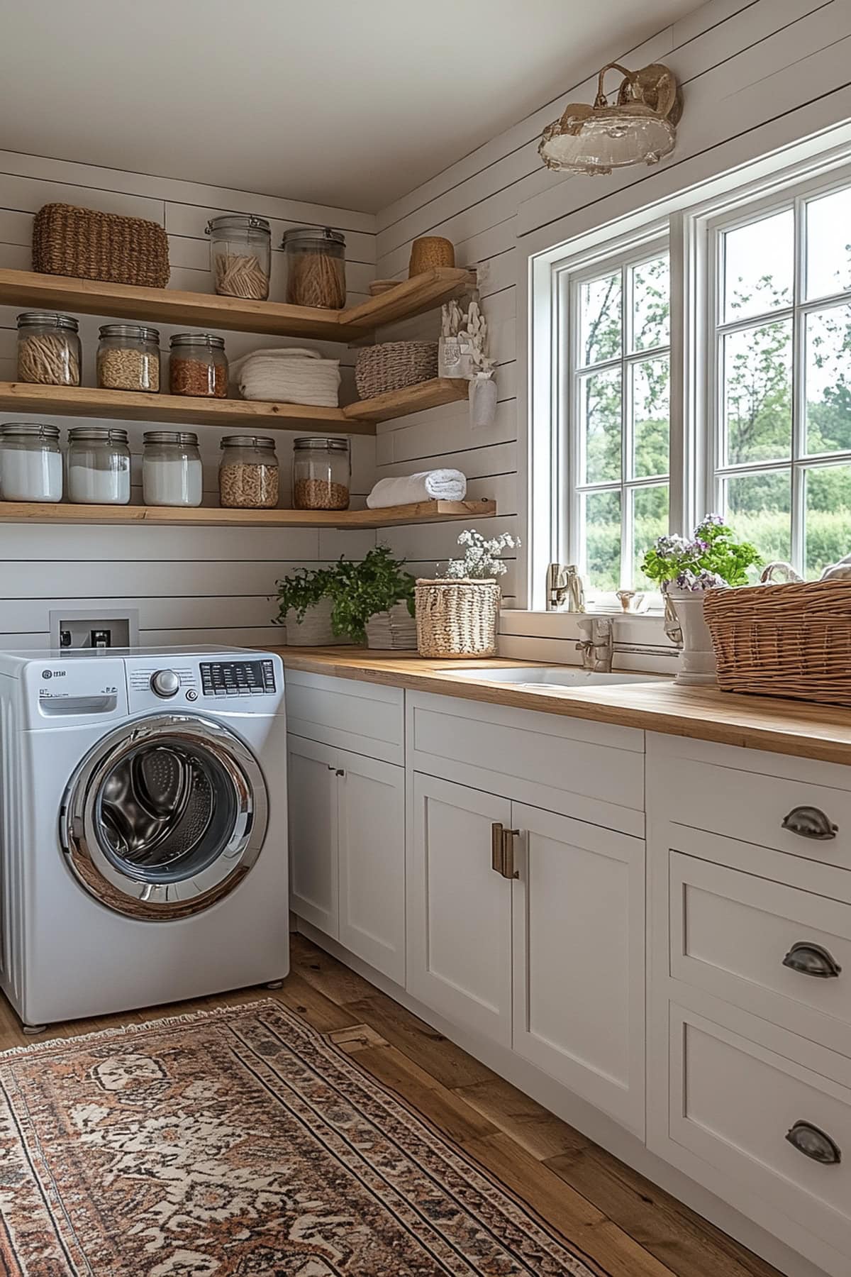 Functional laundry area featuring white appliances and wood accents