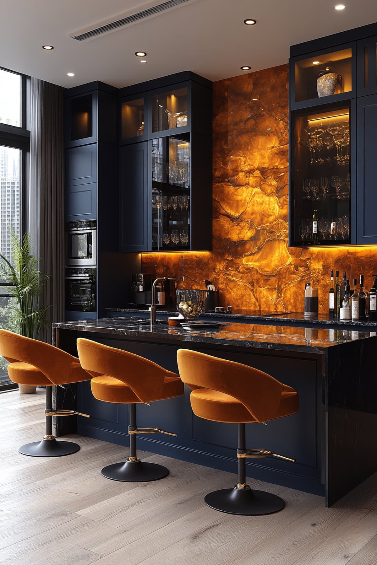 Glamorous Dark Blue Kitchen with Burnt Orange Accents 01