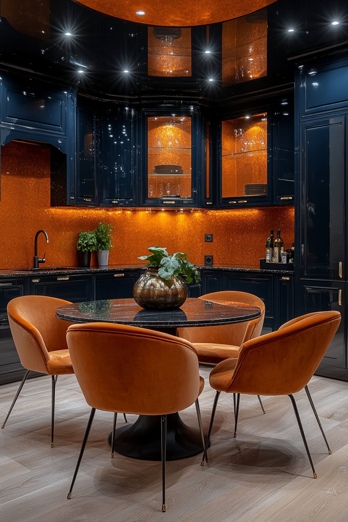 Glamorous Dark Blue Kitchen with Burnt Orange Accents 02