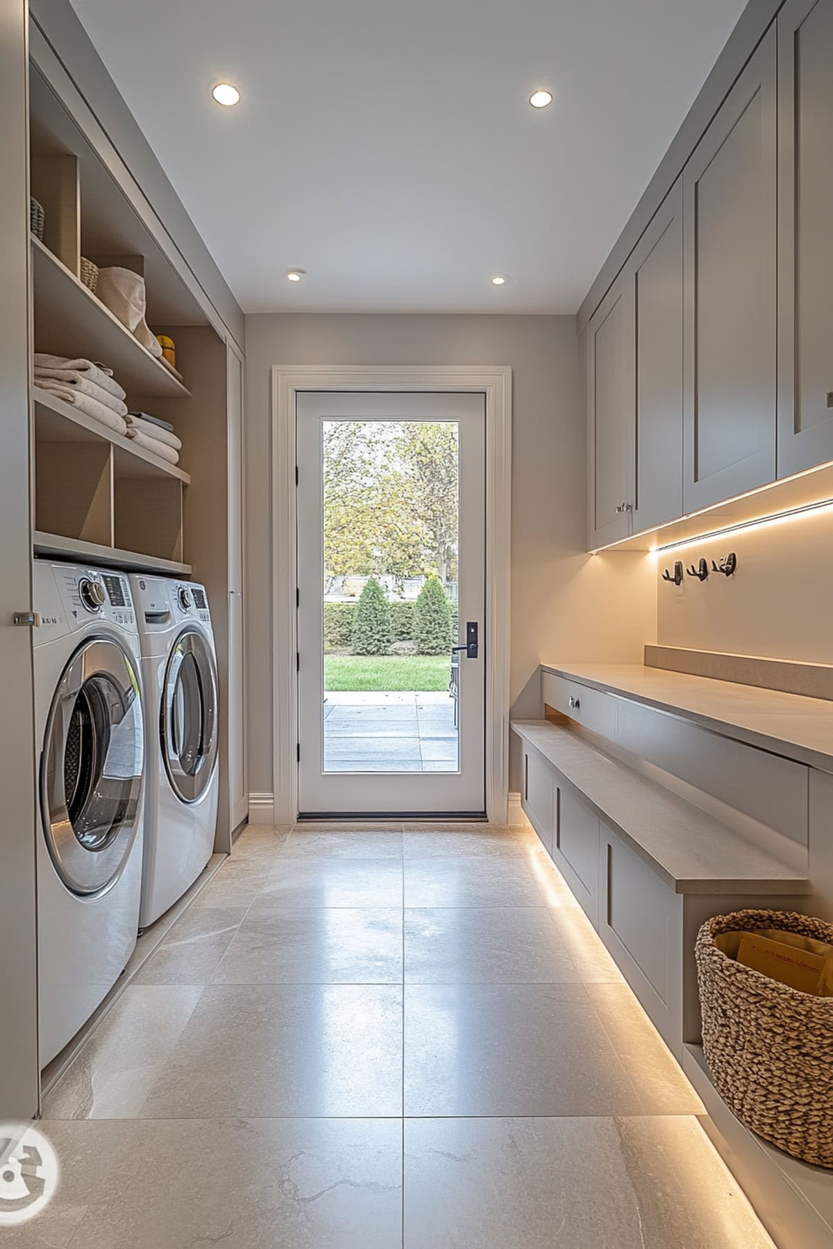 Modern mudroom laundry room featuring integrated technology and sleek design.