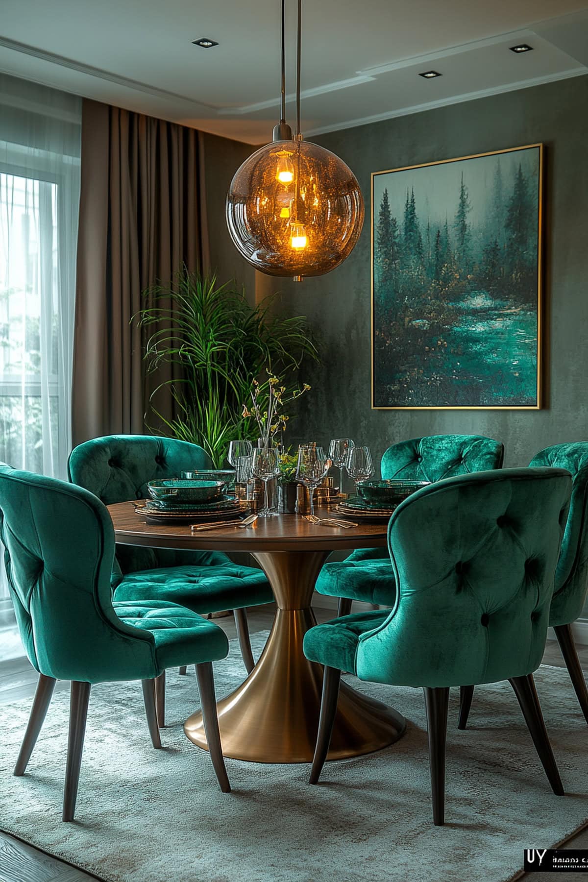 Hollywood Glam Forest Green Apartment Dining Room - 02