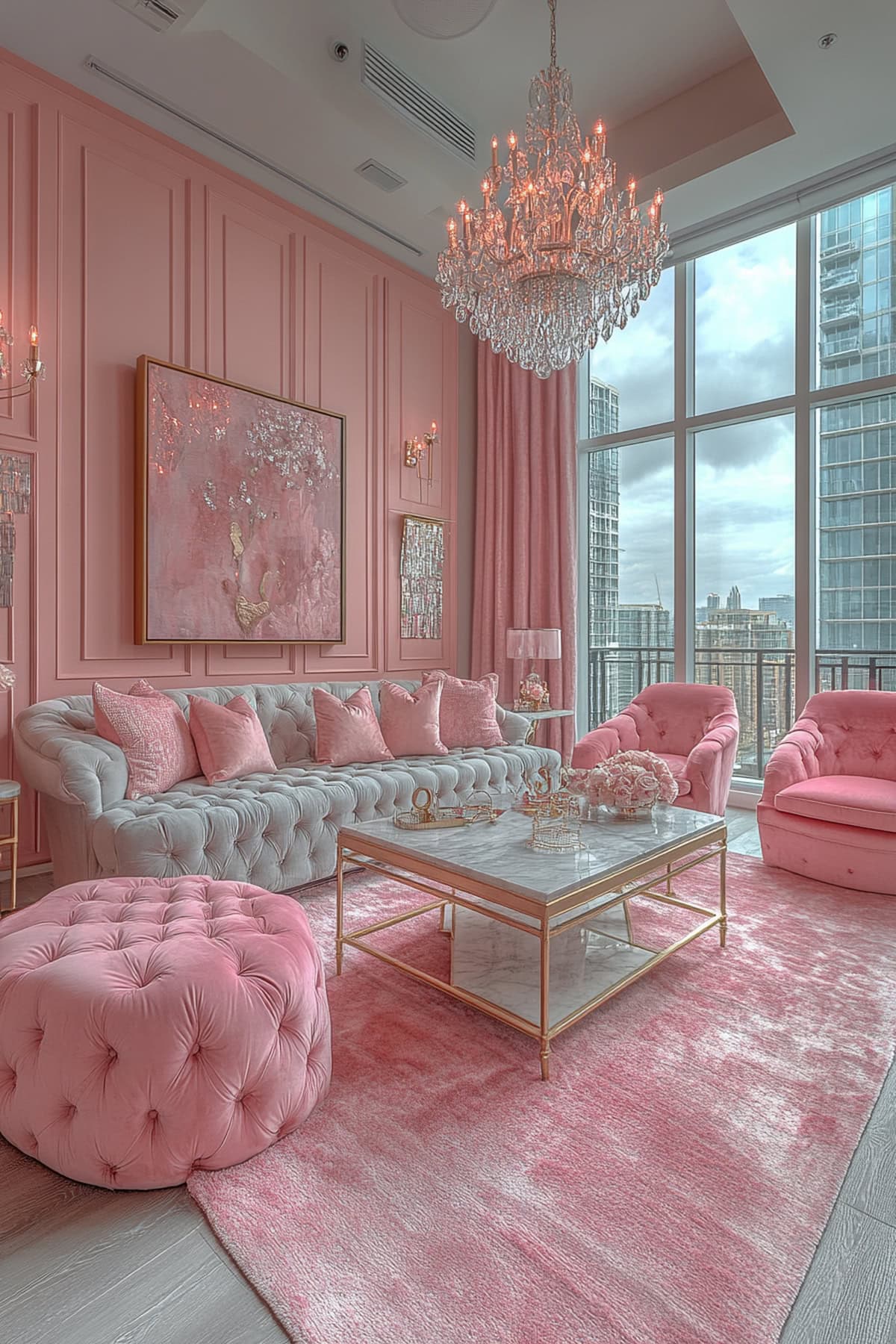 Hollywood Glam Pink and Grey Living Room - 01