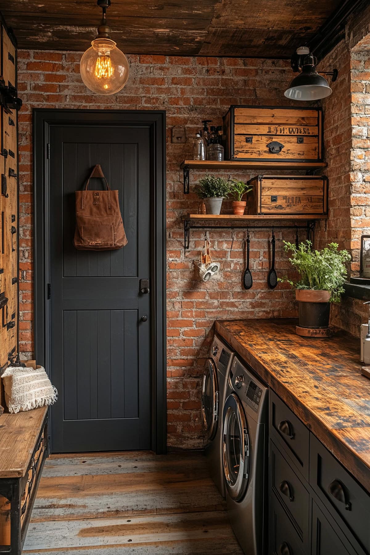 Industrial mudroom featuring exposed brick and metal accents.