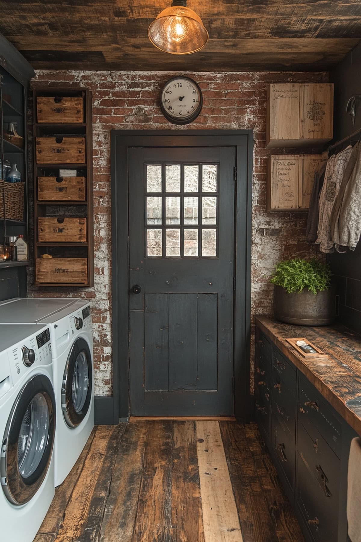 Urban chic mudroom laundry room with concrete floors and reclaimed wood.