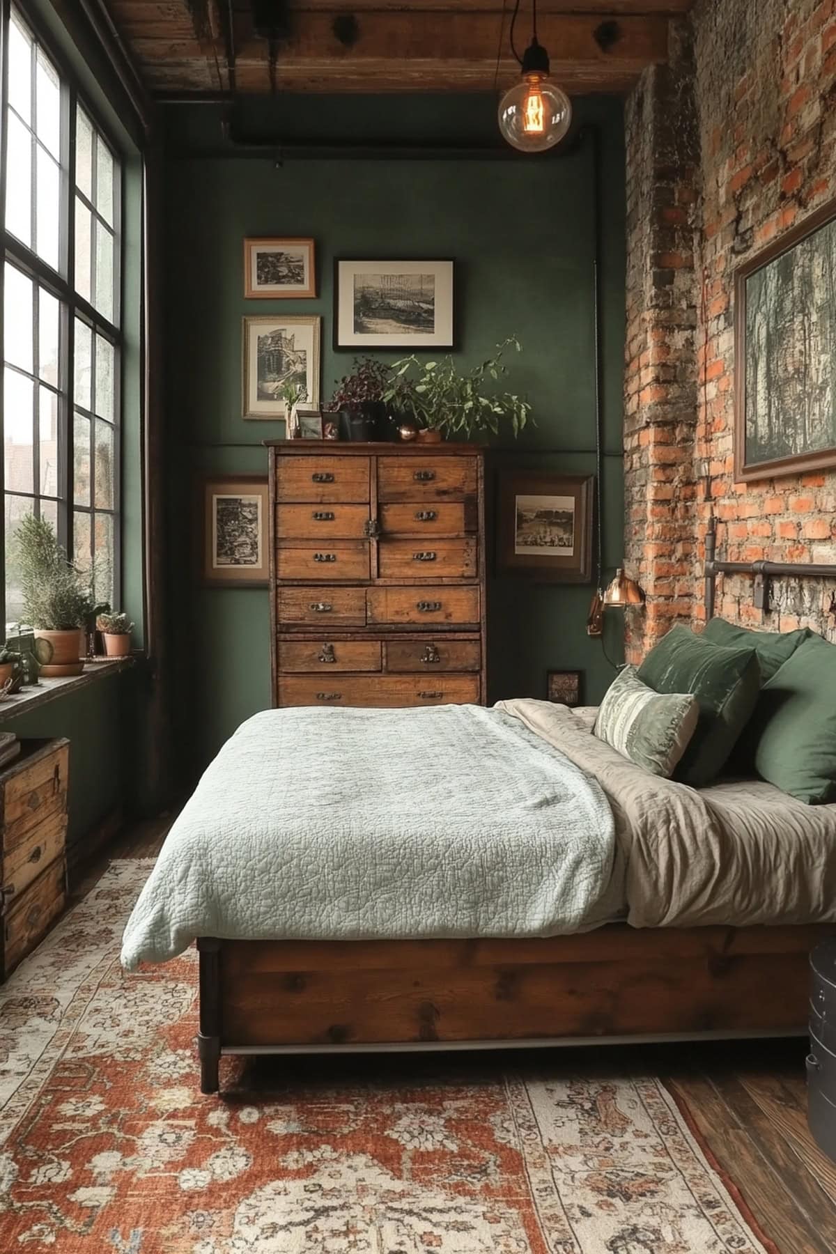 Industrial Forest Green Apartment Bedroom - 01