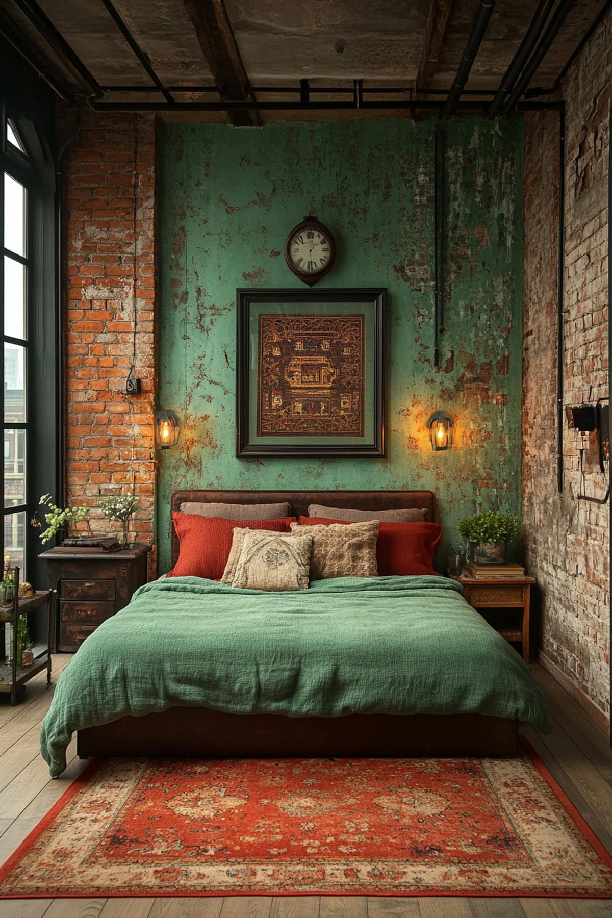 Industrial Forest Green Apartment Bedroom - 02