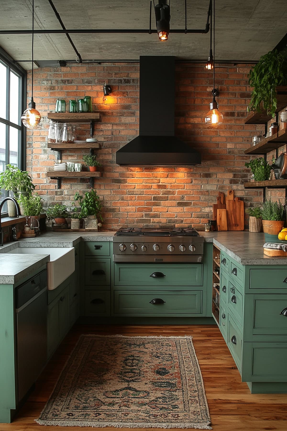 Industrial Olive Green Apartment Kitchen 02