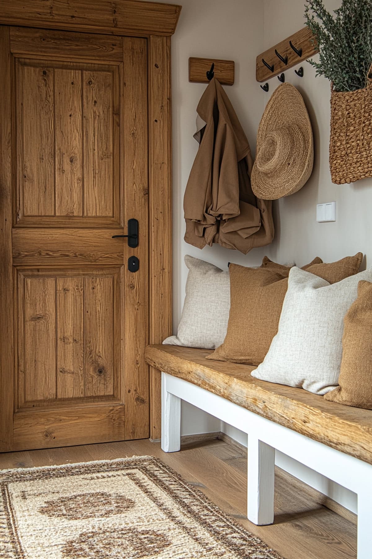 Entrance with wooden bench and wall hooks