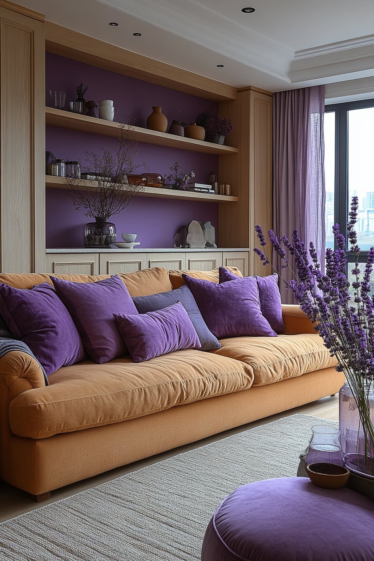 A lavender-themed apartment featuring a modern living room, cozy bedroom, and stylish kitchen with cohesive lavender accents and minimalist decor