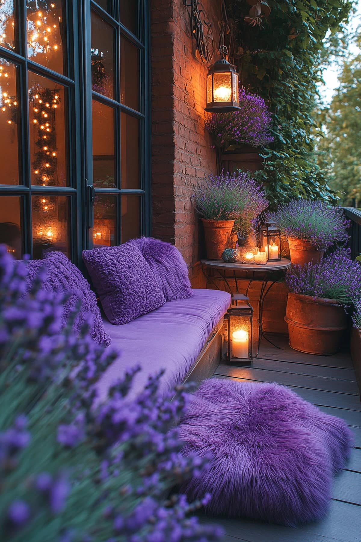 An inviting apartment balcony decorated with lavender plants and cozy seating