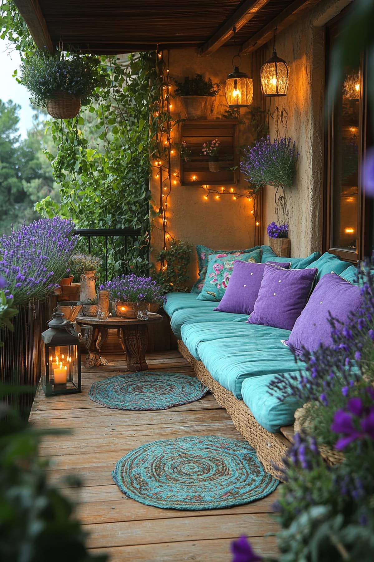 A balcony featuring lavender potted plants, seating with lavender cushions, and string lights