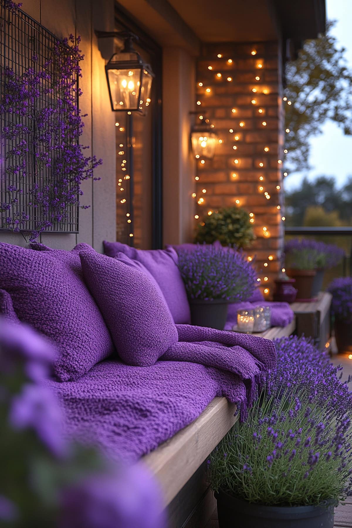 A small balcony nook with lavender decor and seating