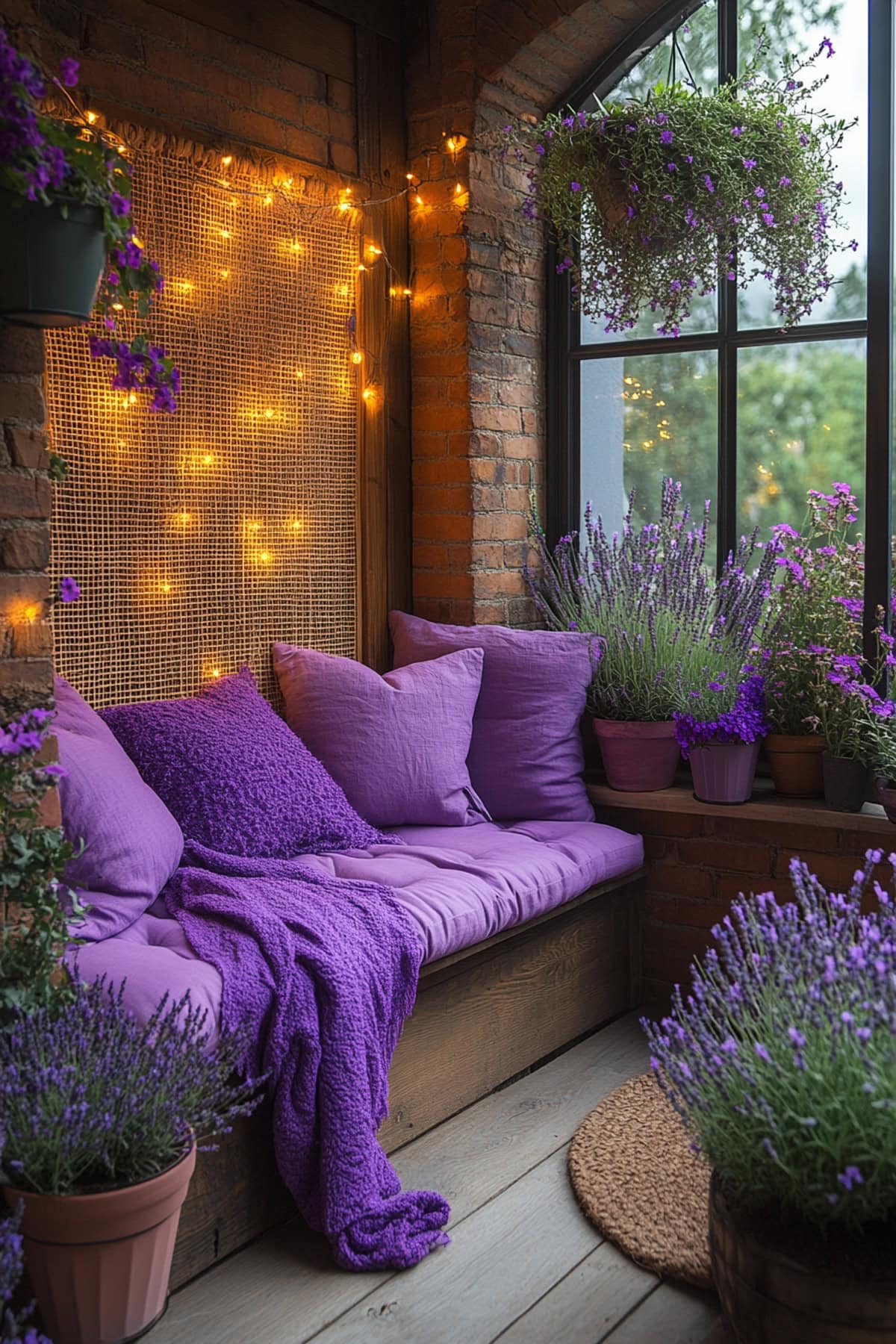 An apartment balcony featuring a bench with lavender cushions and hanging fairy lights