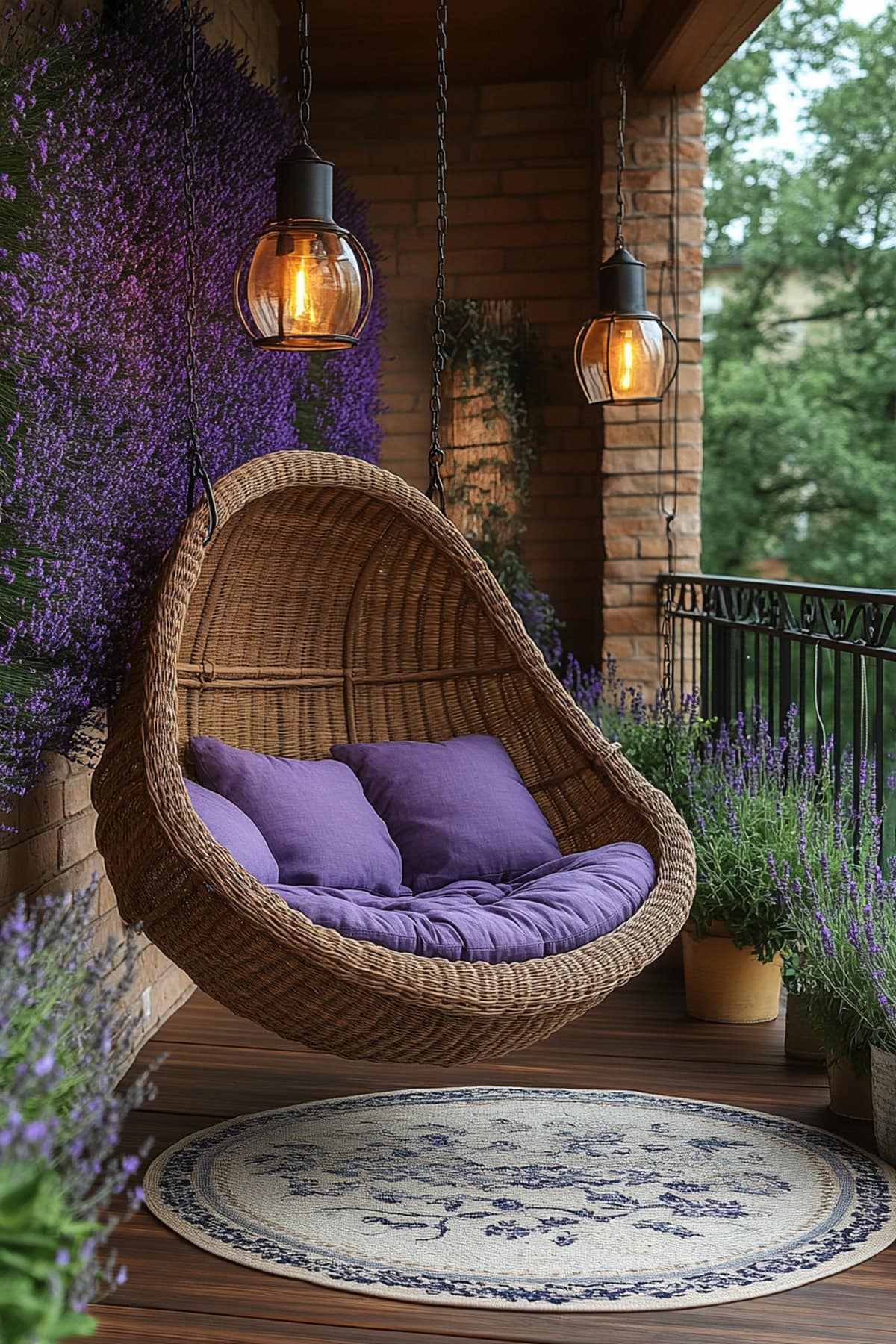 A relaxing apartment balcony with lavender plants and a hammock