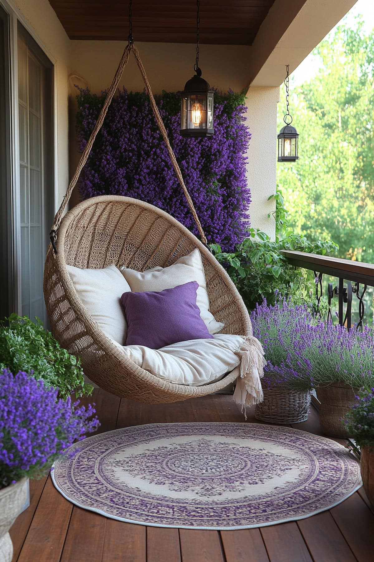 An apartment balcony featuring vertical lavender gardens and a swing chair with lavender cushions