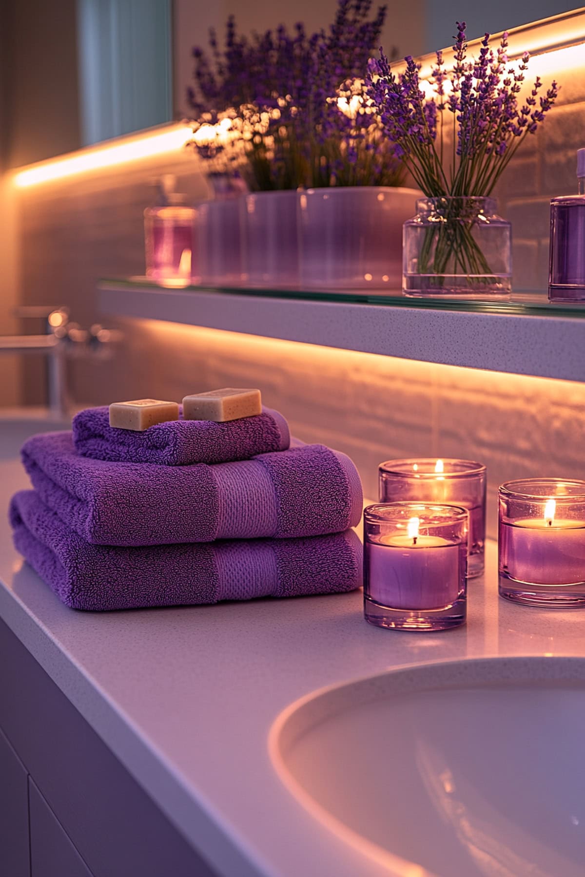 A minimalist bathroom with lavender accents and calm ambiance