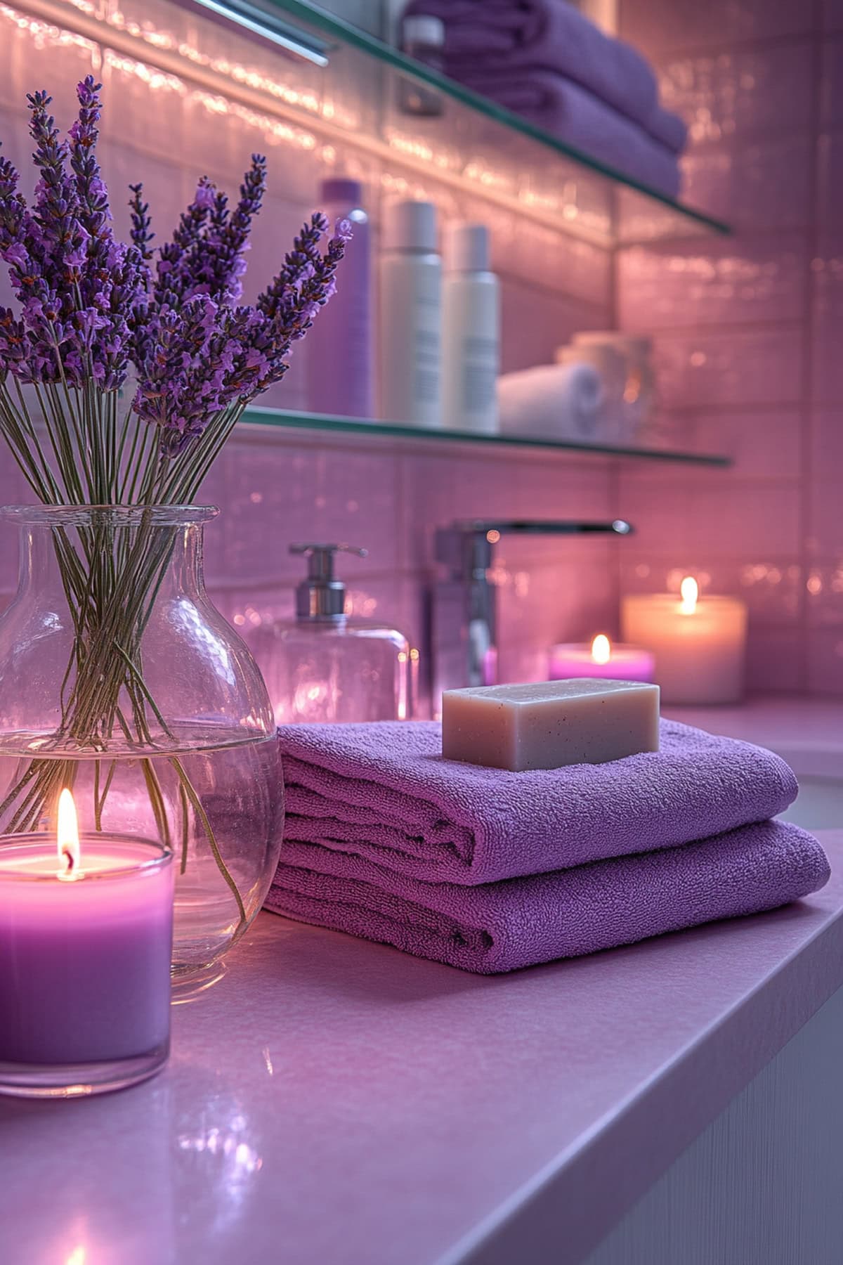 An apartment bathroom featuring uncluttered surfaces and lavender soap bars on clear glass shelves