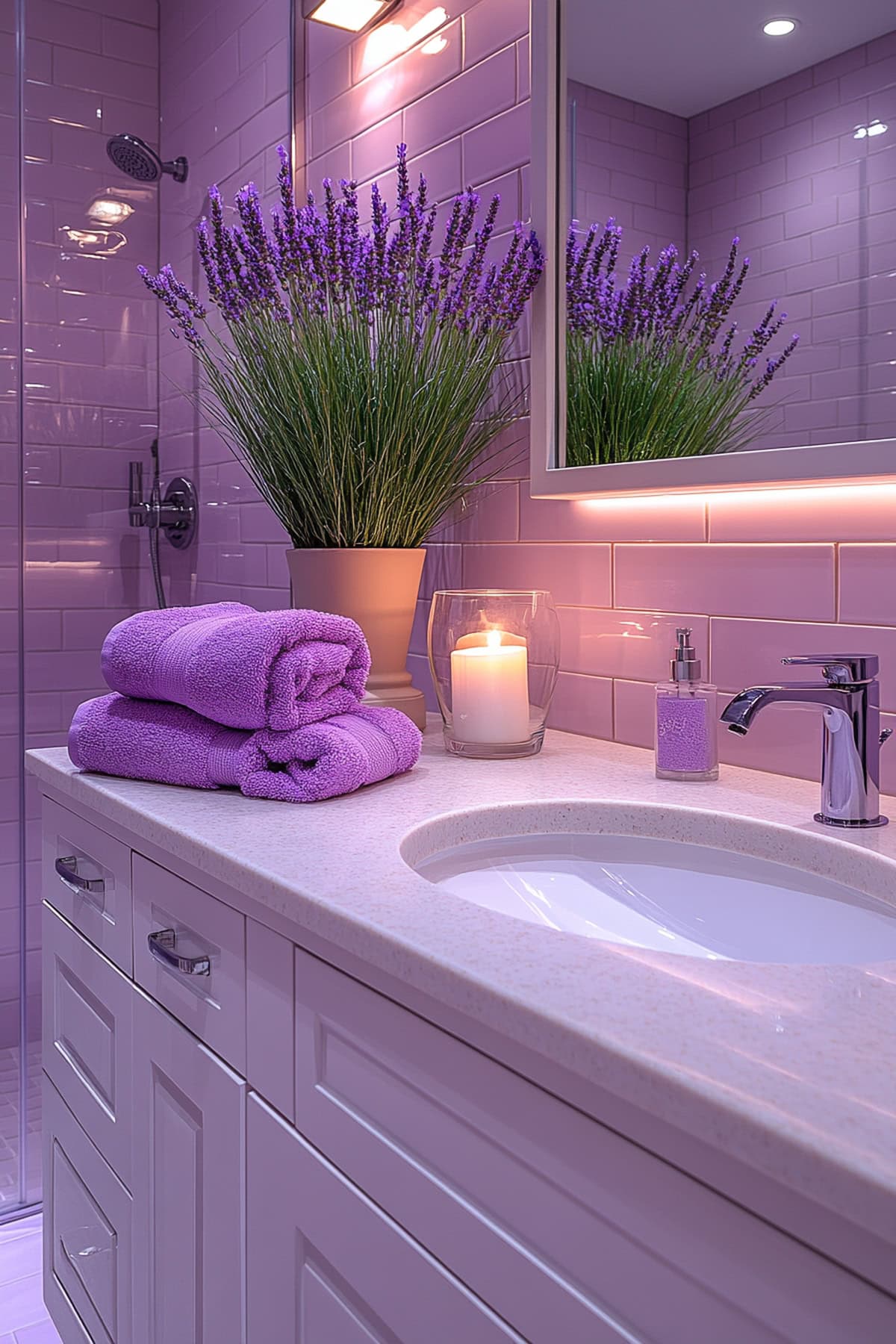 An elegant apartment bathroom with lavender accents and serene decor