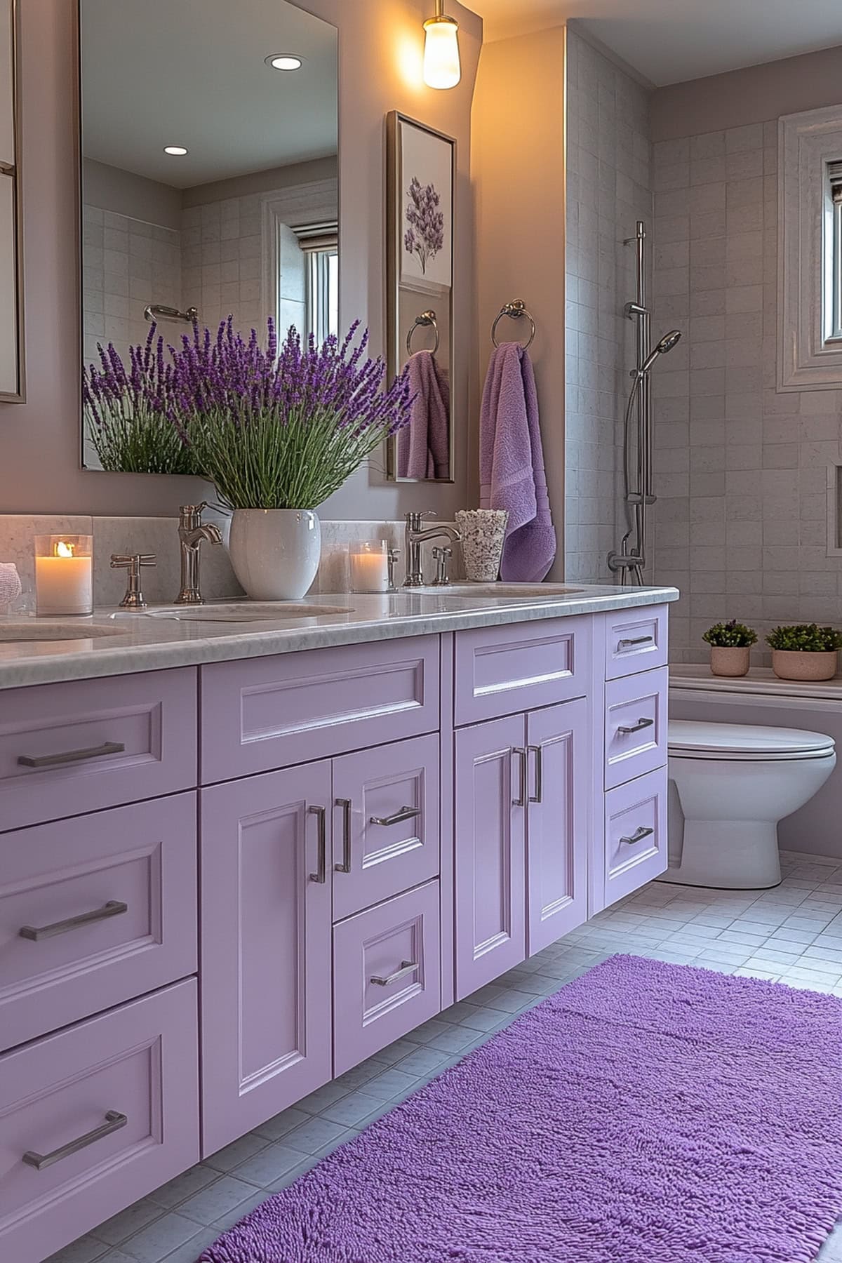 A spa-like bathroom featuring soft lavender walls, white fixtures, and lavender towels